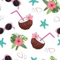 Cute tropical seamless pattern with sunglasses, coconut, starfish and flowers. Cute, exotic, tropical background. For textile, wrapping paper, packaging and any design surfaces. vector