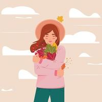 mujer bonita disfrutando del otoño y abrazándose con hermosas hojas coloridas. ilustración de otoño con una mujer joven con sombrero. vector