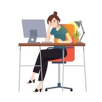 Business woman or an accountant in a suit fell asleep working on a laptop computer at her office desk. Flat style color modern vector illustration.