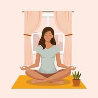 Amazing cartoon girl in yoga lotus practices meditation. Practice of yoga. Vector illustration. Young and happy woman meditating