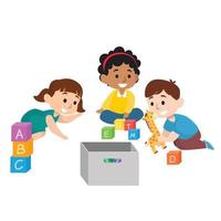 Cute children diversity playing with toys and dolls vector