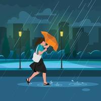 ilustración vectorial en estilo plano simple. chica caminando bajo la lluvia con paraguas vector