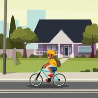 old vintage house with boy riding bicycle in front flat vector illustration design