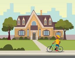 old vintage house with boy and bicycle in front flat vector illustration design