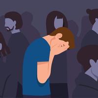 Young depressed male character holding his head. anxiety character in the crowd. sad thoughts. Flat vector illustration.