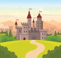 Vector illustration for children book with fairy castle. Medieval fairytale magical magic fortress fort royal palace.