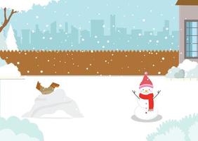 Winter scenery semi flat vector illustration set. House backyard with gnome smile at the front