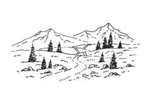 camino de las montañas. paisaje. picos rocosos dibujados a mano en estilo boceto. ilustración vectorial vector