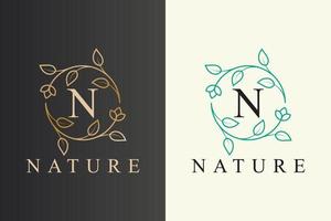 elegante diseño de logotipo de naturaleza de estilo de arte de línea de flores y hojas con letra inicial vector