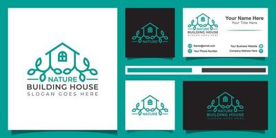 logotipo de estilo de arte de línea de la casa verde, ilustración del icono del logotipo del edificio de la naturaleza con tarjeta de visita vector