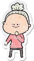 distressed sticker of a cartoon happy old woman vector