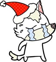 comic book style illustration of a crying wolf wearing santa hat vector