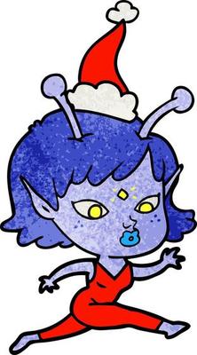 pretty textured cartoon of a alien girl running wearing santa hat