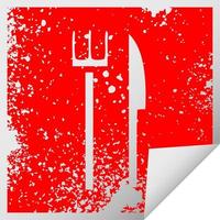 distressed square peeling sticker symbol knife and fork vector