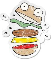 pegatina angustiada de una hamburguesa increíble de dibujos animados vector