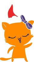 flat color illustration of a cat with bow on head wearing santa hat vector