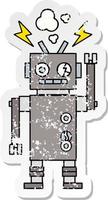 distressed sticker of a cute cartoon malfunctioning robot vector