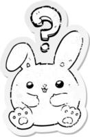 distressed sticker of a cartoon rabbit with question mark vector