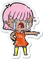 distressed sticker of a cartoon girl crying vector