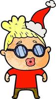 textured cartoon of a woman wearing spectacles wearing santa hat vector