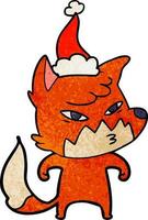 clever textured cartoon of a fox wearing santa hat vector