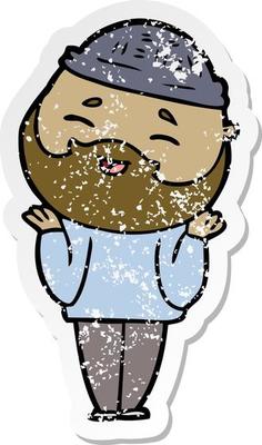 distressed sticker of a cartoon happy bearded man