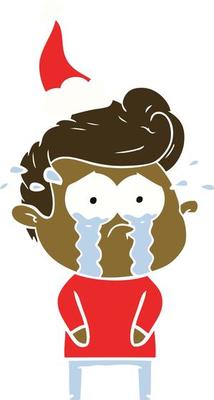 flat color illustration of a crying man wearing santa hat