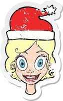 retro distressed sticker of a cartoon woman ready for christmas vector