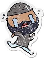 distressed sticker of a cartoon bearded man crying vector