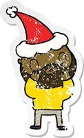 distressed sticker cartoon of a bearded man wearing santa hat vector