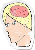 retro distressed sticker of a cartoon head with brain symbol vector