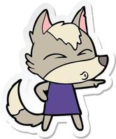 sticker of a cartoon wolf girl whistling and pointing vector