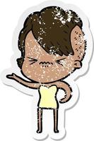 distressed sticker of a cartoon annoyed hipster girl vector