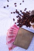 foto de granos de café en un vaso derramado y billetes de rupias con una cartera y fondo blanco