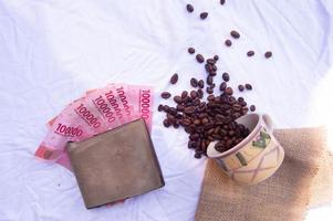 foto de granos de café en un vaso derramado y billetes de rupias con una cartera y fondo blanco