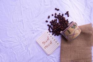 enfoque selectivo de los granos de café con escritura de diario aislado en blanco