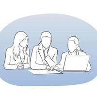 Business people discussing on table. Line art. vector