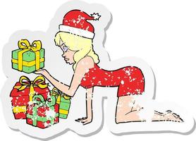 retro distressed sticker of a cartoon woman opening presents vector