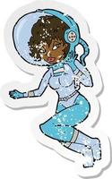 retro distressed sticker of a cartoon space woman vector