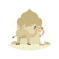 A Muslim wipe to a camel for Eid al-Adha concept vector