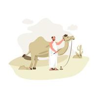 A Muslim and a camel with desert background for Eid al-Adha greetings vector