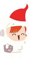 flat color illustration of a happy spacegirl holding moon rock wearing santa hat vector