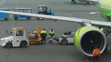 novosibirsk, federación rusa 24 de julio de 2021 - los miembros de la tripulación de tierra descargan el equipaje tomado del avión verde s7 airlines en la carretilla para equipaje suelto por transportador. vídeo en tiempo real video