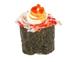 sushi kani with sauced slices of crab shrimp isolated on white background photo