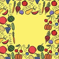 seamless vegetarian food pattern with place for text. Colored doodle vector with vegetarian food icons. Vintage food icons
