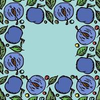 plum frame. Colored plum background with place for text. Doodle vector illustration with fruits