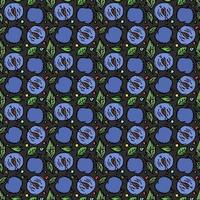Seamless plum pattern. Colored plum background. Doodle vector illustration with fruits