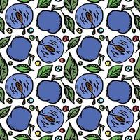 Seamless plum pattern. Colored plum background. Doodle vector illustration with fruits