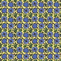 Seamless plum pattern. Colored plum background. Doodle vector illustration with fruits