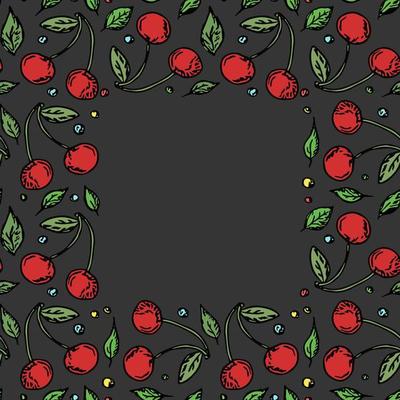 Seamless cherry frame with place for text. Doodle vector with red cherry icons. Vintage cherry pattern